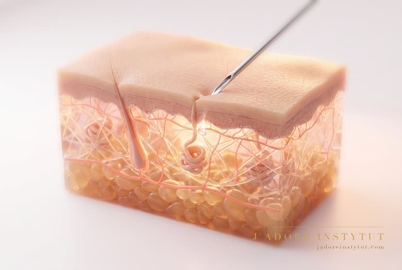 Three layers of skin in cross-section: the epidermis at the surface, the dermis with its sweat glands beneath it, and deepest of all the subcutaneous tissue. A grid of very shallow injections spreads the formula through the dermis, at the level of the sweat glands. The doctor sets the spacing of the points and the dose during the consultation.