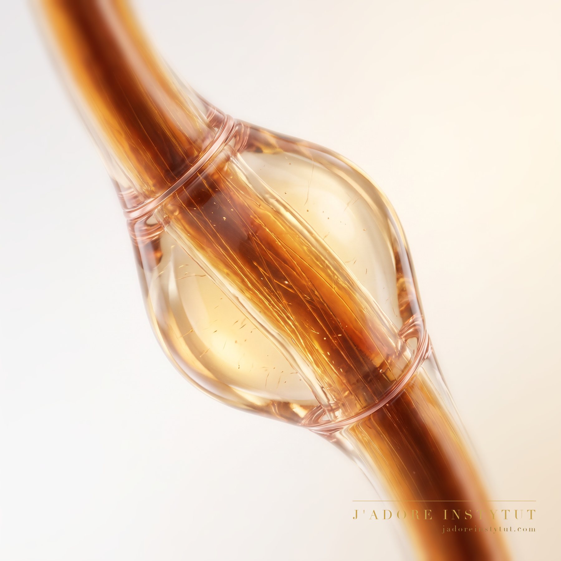 A close-up of the bond itself: the attached strand and your own strand meet in a small, transparent weld that catches the warm light. The scalp is deliberately out of frame — the treatment happens on the hair, not in the tissue. A metal ring clamps your own strand cold, with no glue and no heat. No load is placed on the scalp — the bond sits on the hair.