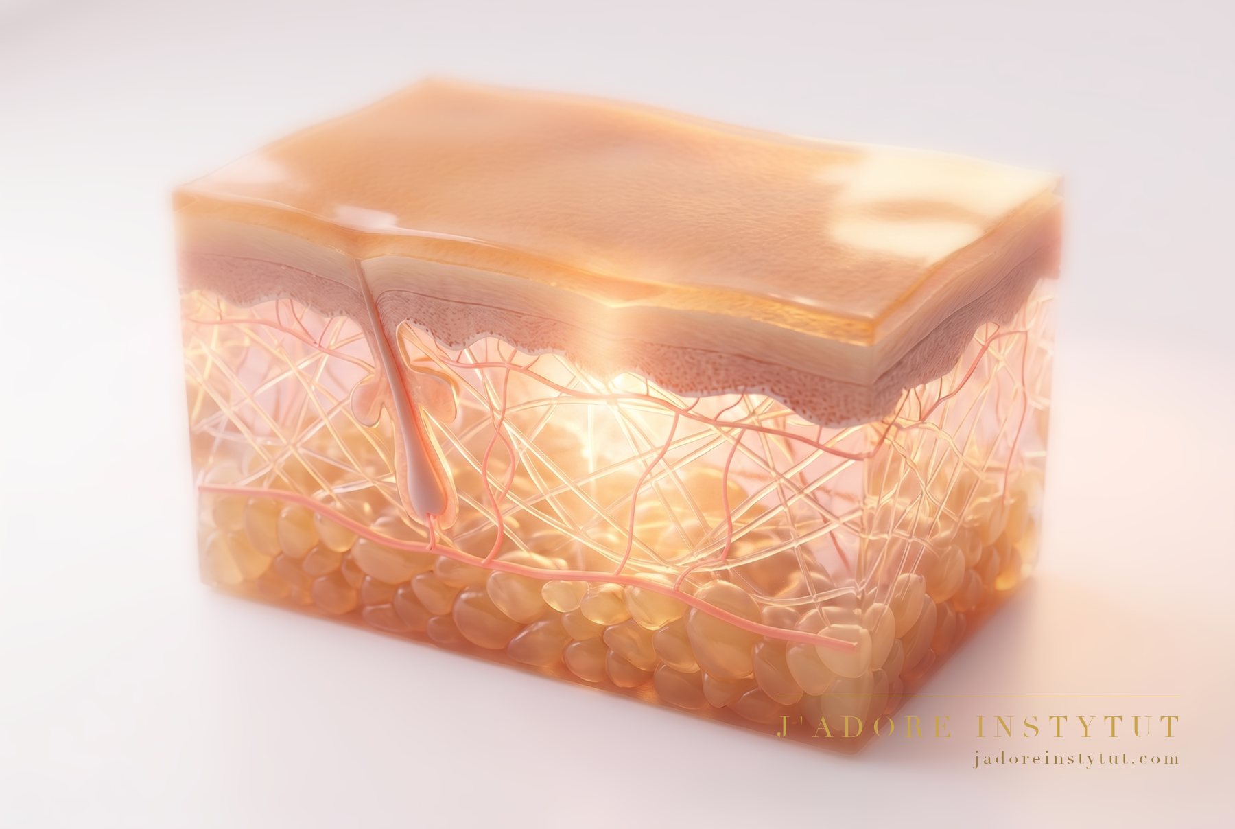 Three levels of skin in cross-section: the epidermis at the surface, the upper dermis beneath it, and deepest of all the further reaches of the dermis. Trichloroacetic acid in a lipid phase passes through the epidermis and stimulates the upper dermis. The cosmetologist sets the strength of the protocol and the number of layers during the consultation.