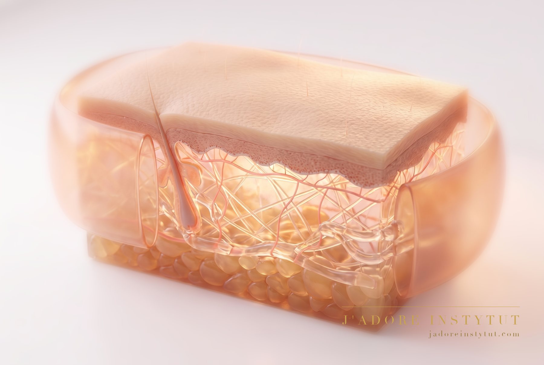Three levels in cross-section: the epidermis at the surface, the network of fine lymphatic vessels within the dermis beneath it, and deepest of all the larger collectors in the subcutaneous tissue. Sequential pressure from the cuffs moves lymph along the vessels under the skin, from the periphery towards the trunk. The specialist matches the strength and the direction of the work to the state of the tissues.