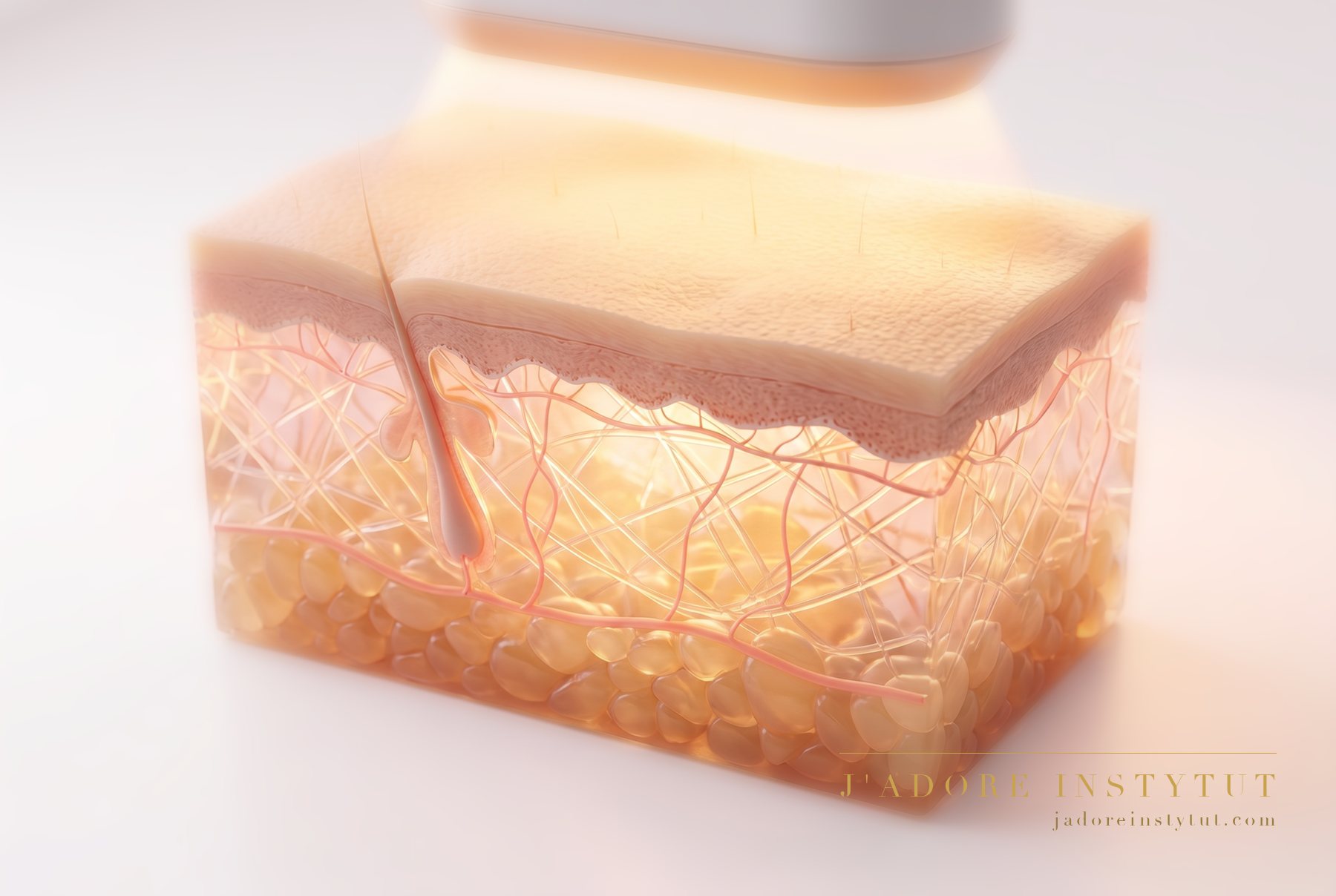 Three layers of skin in cross-section: the epidermis at the surface, the dermis beneath it, and deepest of all the subcutaneous tissue. The light of the diodes passes through the epidermis and is absorbed by the cells of the dermis. The skin is not punctured — the light alone does the work.
