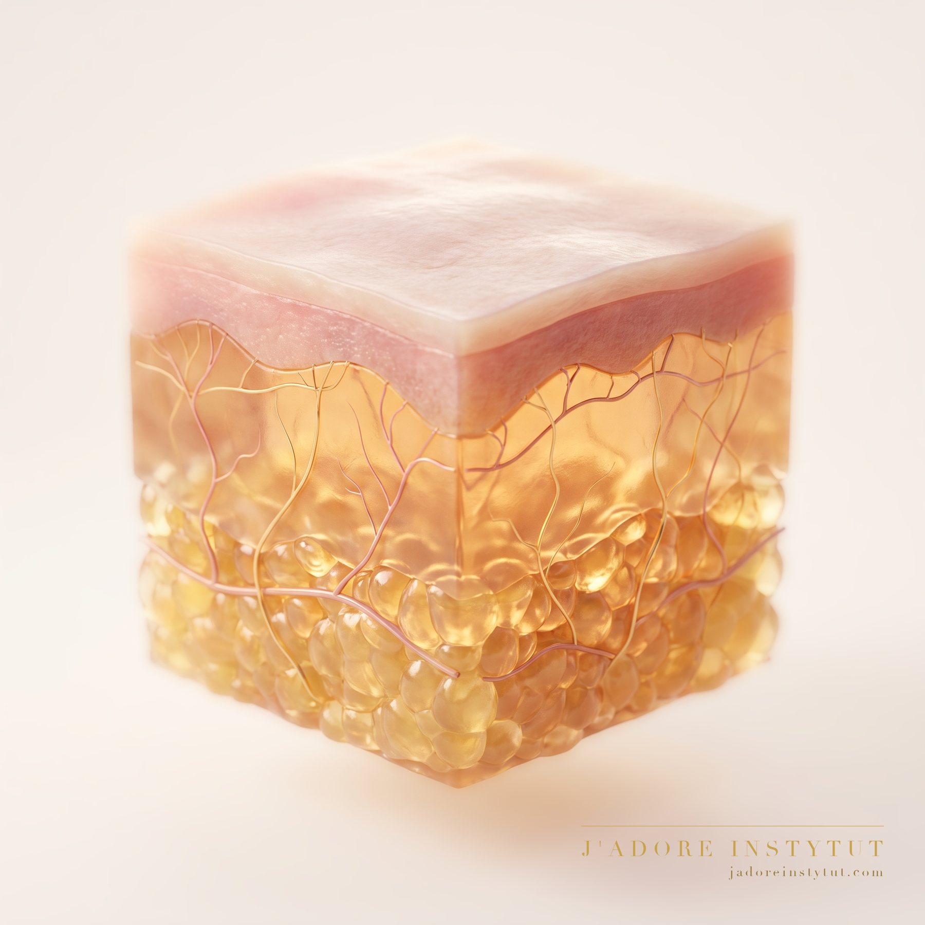 Three layers in cross-section: the epidermis at the surface, the dermis beneath it, and deepest of all the subcutaneous adipose tissue, which is what the treatment targets. The pressure of the bandage carries through the skin down to the fat layer, while the serum penetrates the epidermis. The specialist matches the number of sessions and the settings to the area.