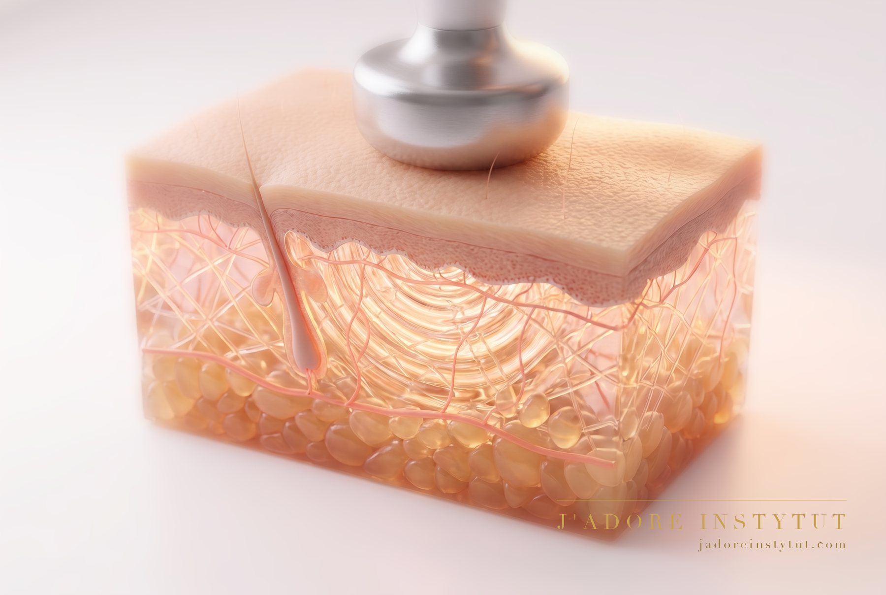 Three layers in cross-section: the epidermis at the surface, the dermis beneath it, and deepest of all the subcutaneous adipose tissue, which is what the treatment targets. The shockwave passes through the skin and works mechanically within the subcutaneous tissue. The specialist matches the number of sessions and the settings to the area.