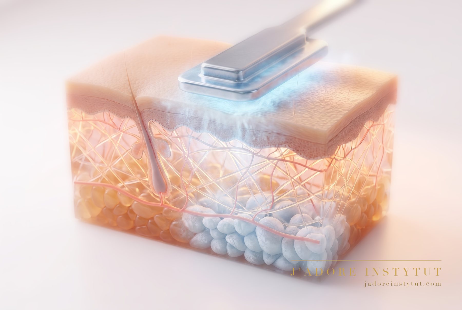 Three layers in cross-section: the epidermis at the surface, the dermis beneath it, and deepest of all the subcutaneous adipose tissue, which is what the treatment targets. The applicator draws in a fold and cools it, and the cold reaches the fat cells beneath the skin. The specialist matches the number of sessions and the settings to the area.