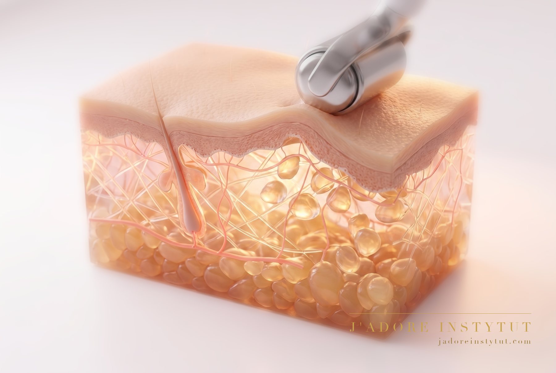 Three layers in cross-section: the epidermis at the surface, the dermis beneath it, and deepest of all the subcutaneous adipose tissue, which is what the treatment targets. The handpiece combines radiofrequency heat with a pressure wave; both reach the fibrous septa within the fat layer. The specialist matches the number of sessions and the settings to the area.