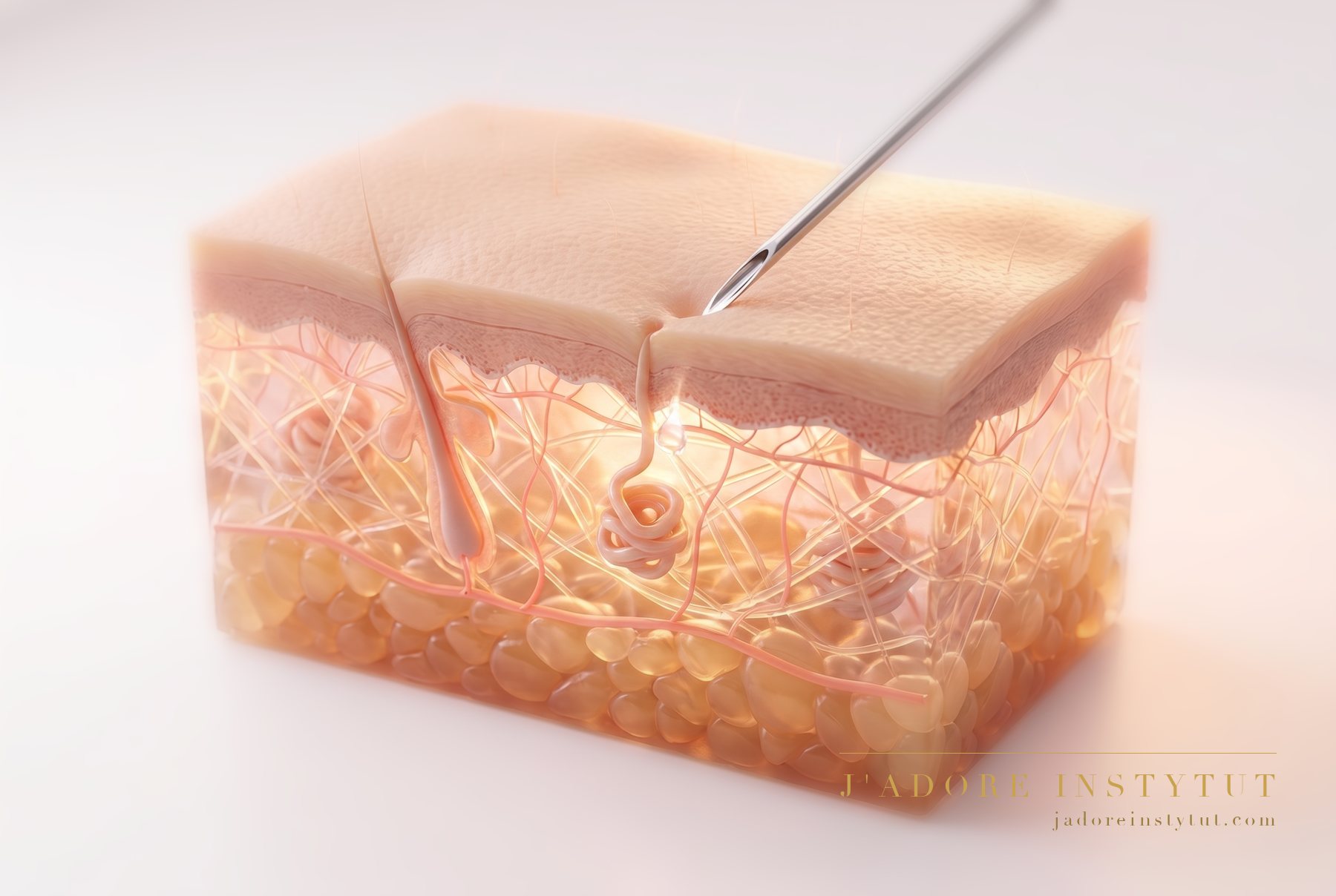 Three layers of skin in cross-section: the epidermis at the surface, the dermis with its sweat glands beneath it, and deepest of all the subcutaneous tissue. A grid of very shallow injections spreads the formula through the dermis, at the level of the sweat glands. The doctor sets the spacing of the points and the dose during the consultation.