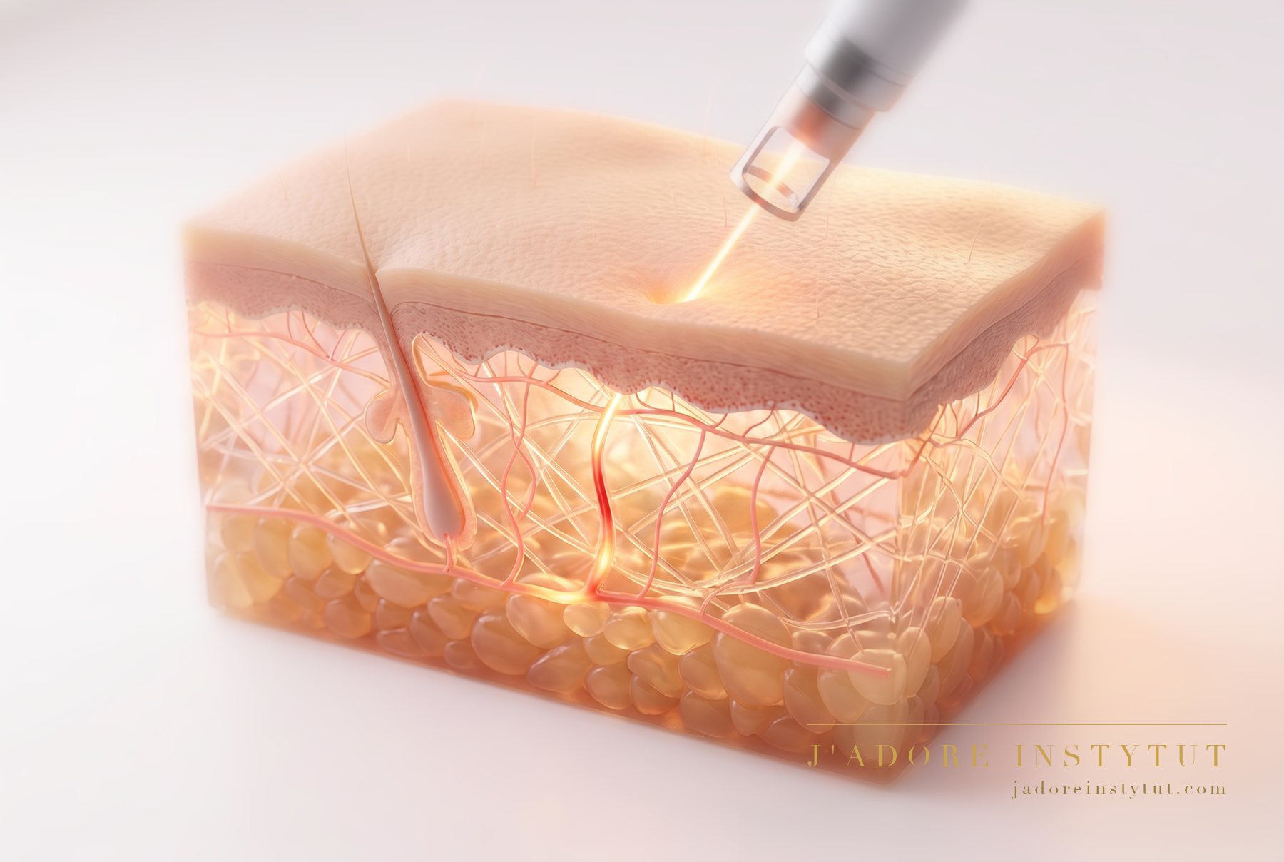 Three layers of skin in cross-section: the epidermis at the surface, the dermis with its vessels and clusters of pigment beneath it, and deepest of all the subcutaneous tissue. The pulse of light passes through the epidermis and its energy is absorbed by clusters of pigment and fine capillaries. The specialist matches the wavelength and the power to the target and to your skin tone.