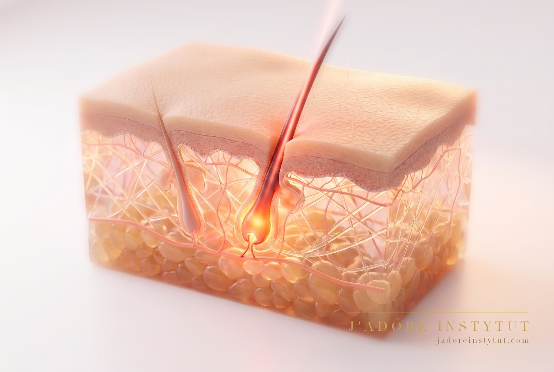 Three levels in cross-section: the epidermis at the surface, the follicle opening within the dermis beneath it, and deepest of all the base of the follicle with the hair matrix. The beam passes through the epidermis and its energy is absorbed by the pigment of the hair right down at the base of the follicle. The work ends at the base of the follicle — the treatment goes no deeper.
