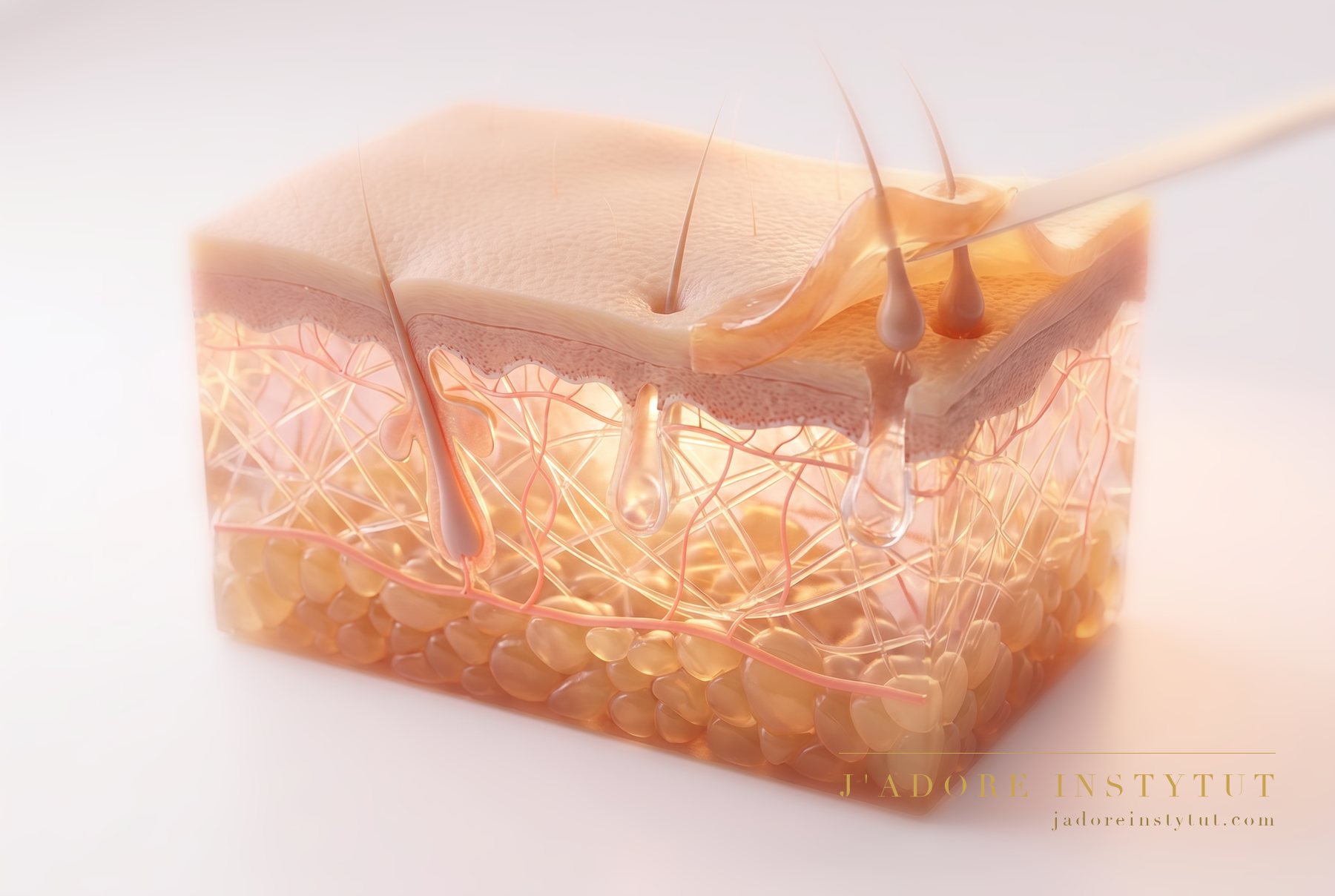 Three levels in cross-section: the epidermis at the surface, the follicle opening within the dermis beneath it, and deepest of all the base of the follicle with the hair matrix. The paste grips the hair in the direction of growth and pulls it out together with the bulb. The work ends at the base of the follicle — the treatment goes no deeper.
