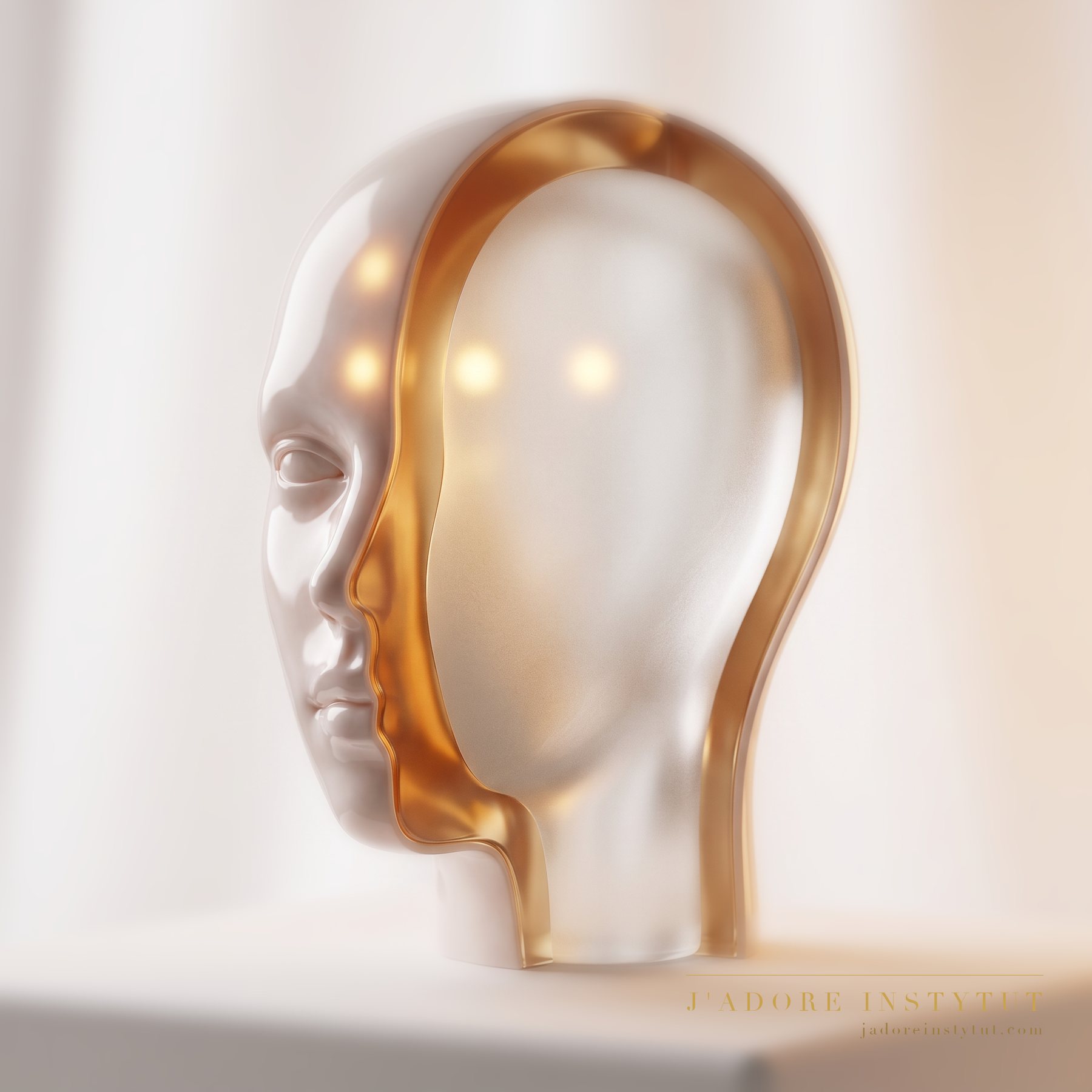 Half a face as a sculpture in alabaster and frosted glass, cut along its axis: a smooth, porcelain surface, a translucent honey-coloured layer beneath it, and deepest of all a still form standing for the muscular layer. Points of warm light above the brow and the eye show where the work takes place. A very fine needle passes through the skin and leaves a microdose in the facial muscle. The doctor sets the points and the dose during the consultation.