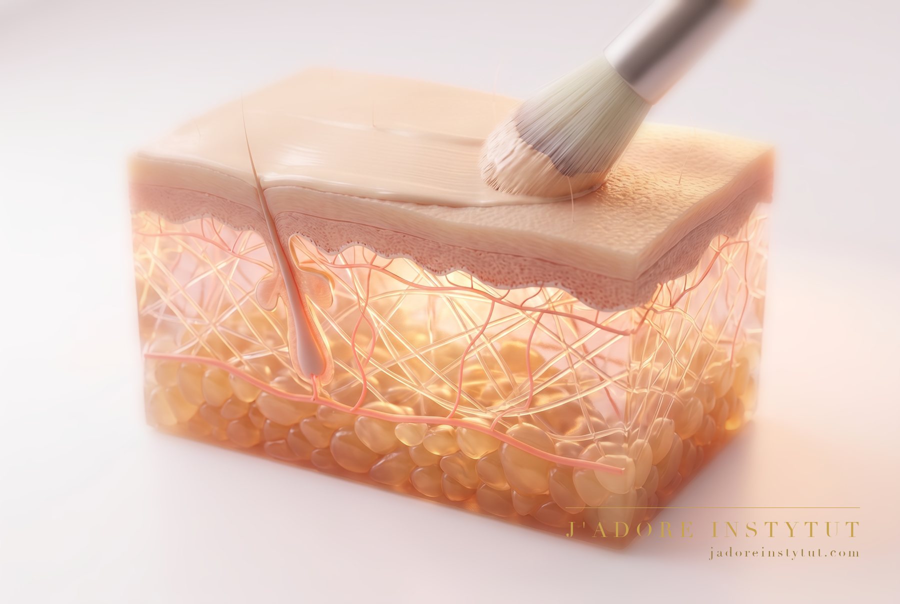 Three levels in cross-section: the layer of makeup on top, the stratum corneum of the epidermis beneath it, and deepest of all the dermis. Each product builds a thin layer at the surface — nothing goes below the stratum corneum. The makeup washes off completely — the skin underneath stays untouched.