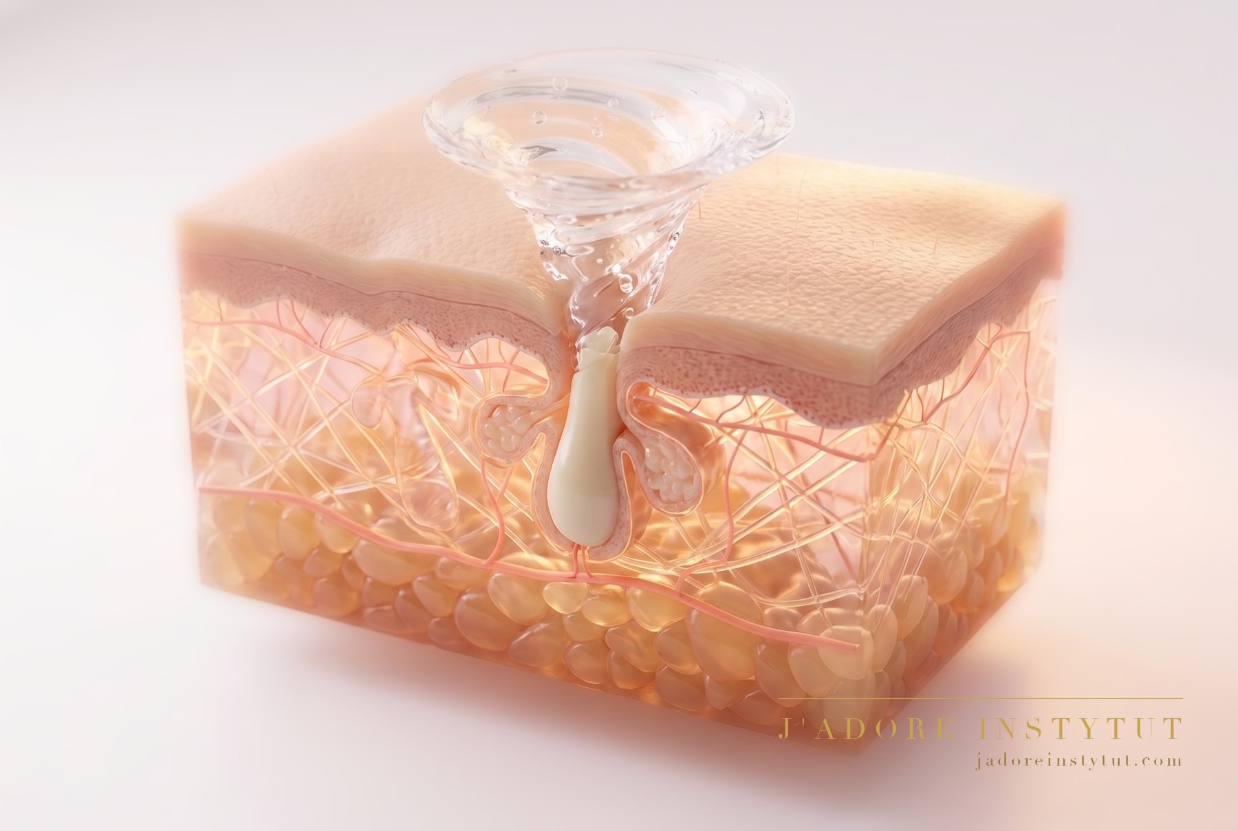 Three levels of skin in cross-section: the stratum corneum right at the top, the sebaceous gland openings within the epidermis beneath it, and deepest of all the dermis. An ultrasonic spatula lifts the keratinised epidermis and loosens the contents of the pore openings. The treatment works at the surface — it does not go below the epidermis.