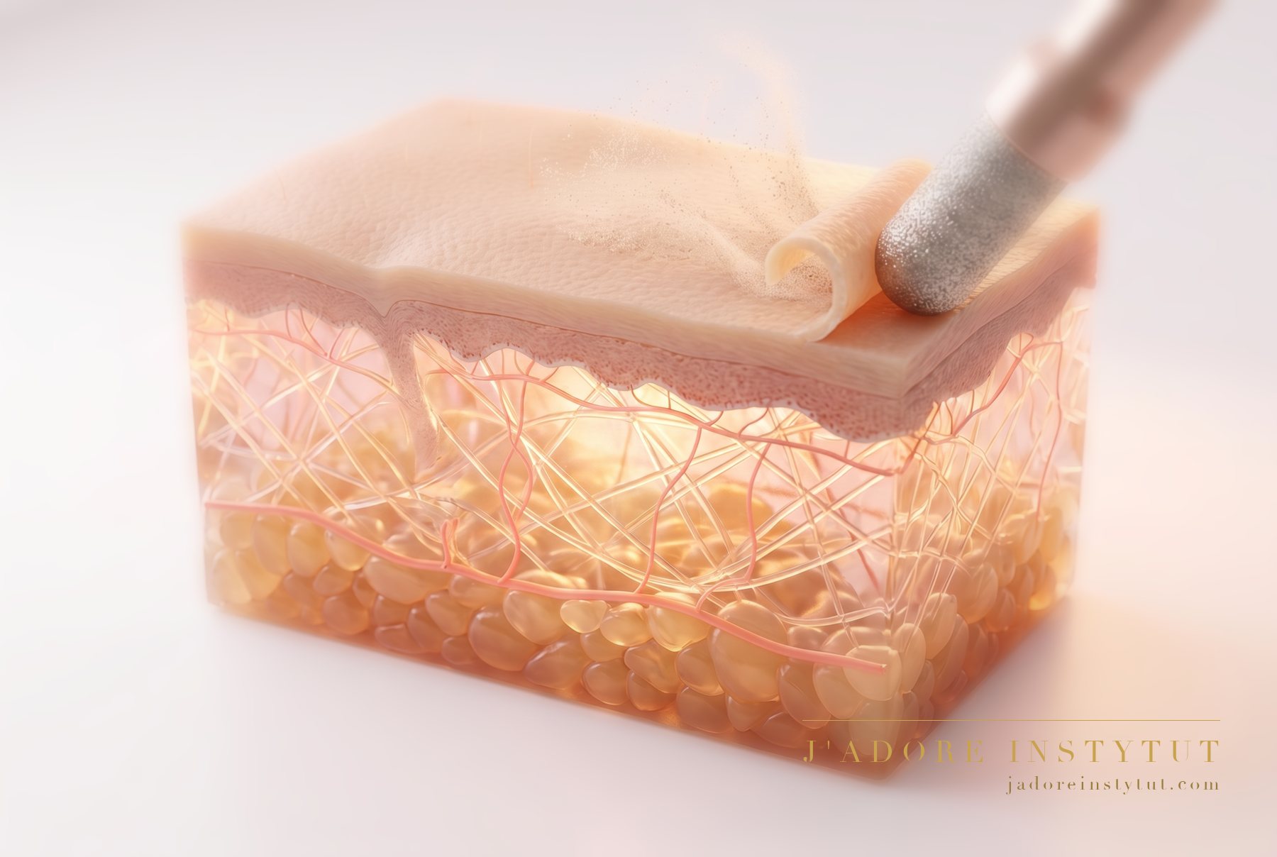 Three levels of skin in cross-section: the stratum corneum right at the top, the sebaceous gland openings within the epidermis beneath it, and deepest of all the dermis. A diamond handpiece abrades the stratum corneum; the treatment does not go below the epidermis. The treatment works at the surface — it does not go below the epidermis.