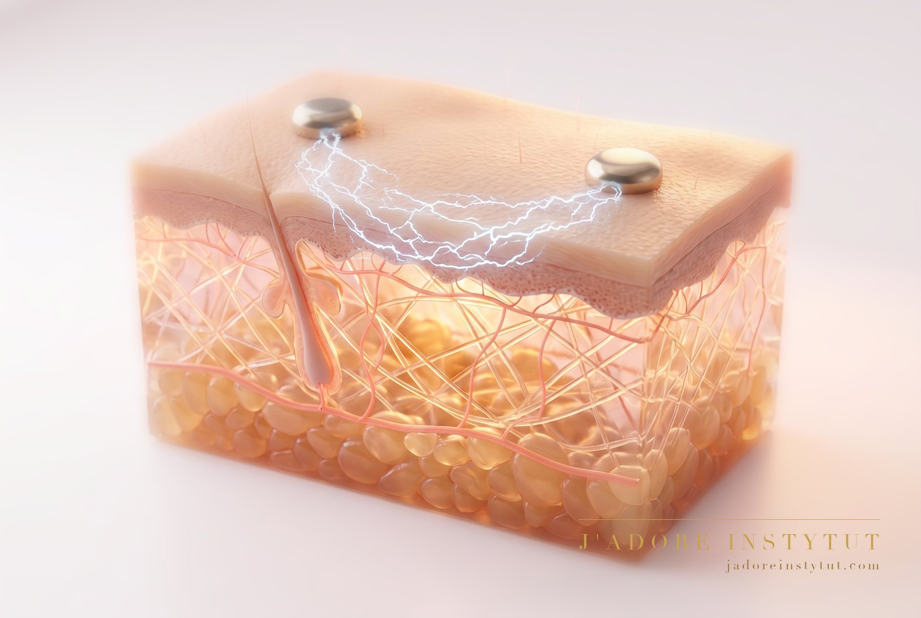 Three levels of skin in cross-section: the tight stratum corneum right at the top, the living epidermis beneath it, and deepest of all the dermis. An electrical pulse or ultrasound loosens the stratum corneum and carries the actives towards the dermis. The skin is not punctured — its continuity stays intact.